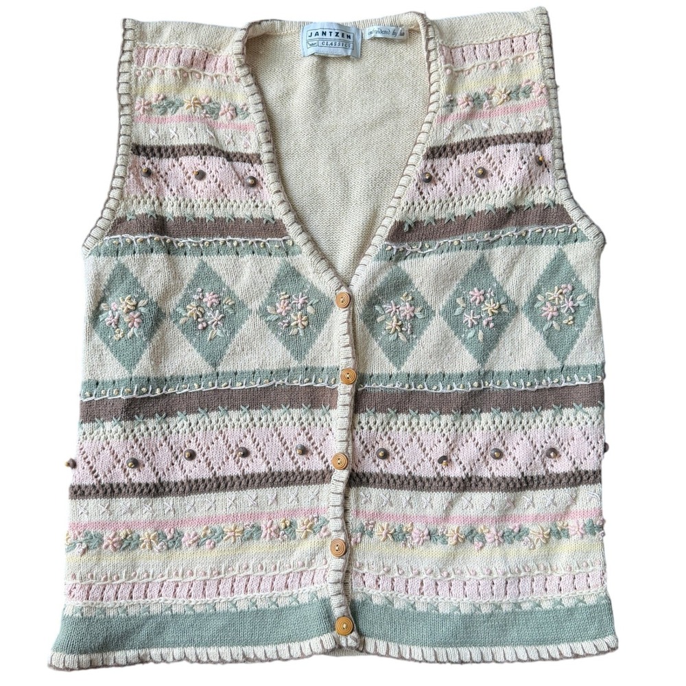 VTG Jantzen Classics Floral Embroidered‎ Knit Sweater Vest Pastel Cottagecore L